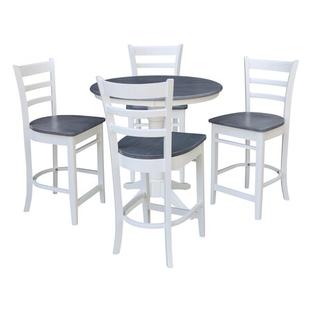 International Concepts 36 in. Solid Wood Round Top Pedestal Counter Height Dining Table with 4 Stools, White/Heather Gray K05-36RT-27B-S6172-4